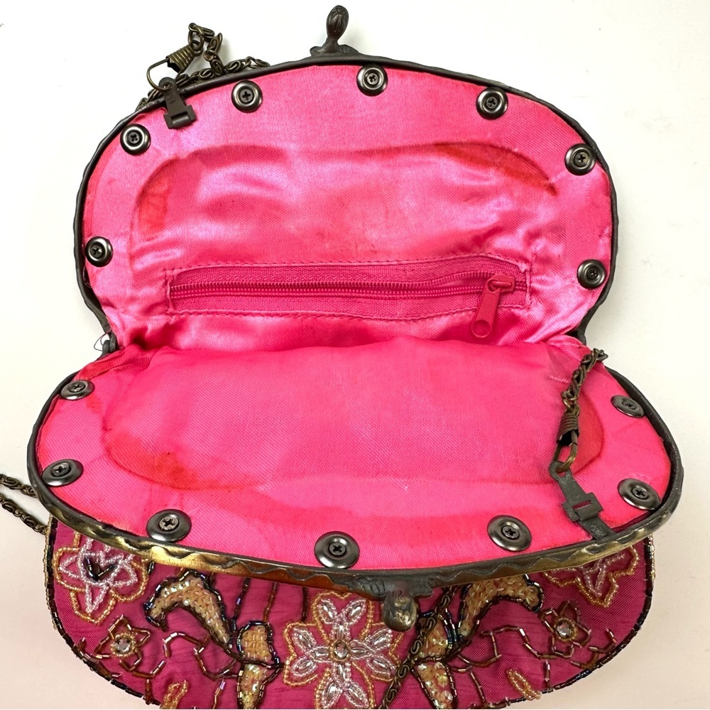Vintage Pink Beaded Evening Bag Gold Frame Chain Strap Art Deco Glam - Picture 8 of 8